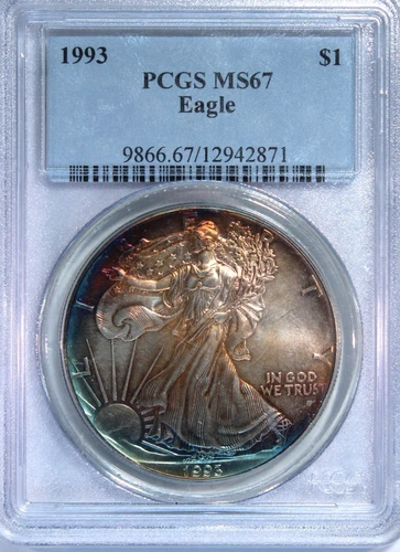 🔥1993 American Silver Eagle Dollar-PCGS MS67  🎨Variation 🌈Rainbow Toning 🌈