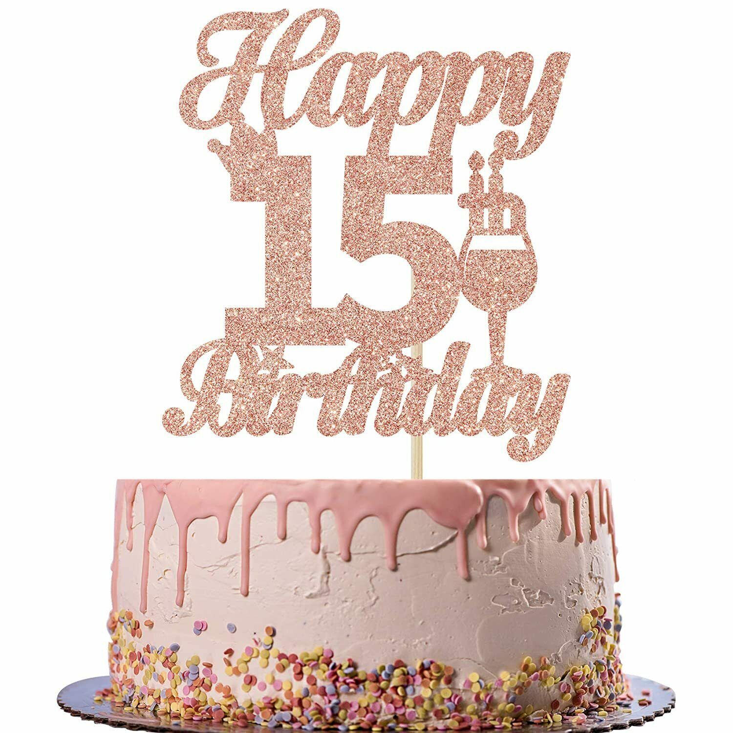 Rose Gold Glitter Happy 15th Birthday Cake Topper