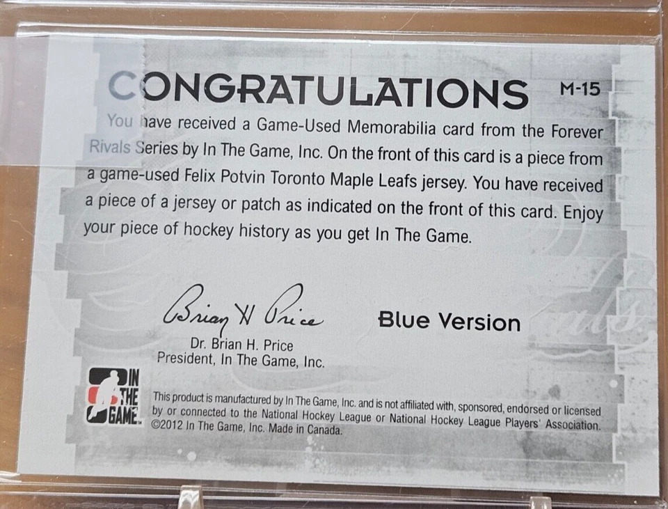 2012 ITG FOREVER RIVALS GAME USED JERSEY BLUE VERSION FELIX POTVIN - Image 2 of 2