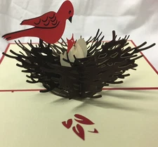 3D Pop-Up  Greeting Card Handcrafted All Ages Nature Birds Nest Eggs Babies 