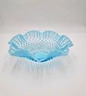 Vintage 1940s Fenton Art Glass 11" Opalescent Aqua Blue Hobnail Bowl Ruffled Edg