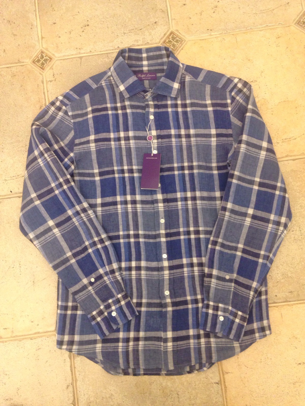 Man Ralph Lauren Blue Checked Linen Shirt Purple Label Collection Sz M RRP £350 image 4