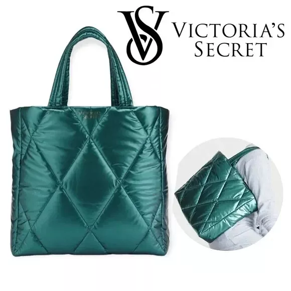 Pink VICTORIA'S SECRET Teal Metallic Quilted Puffy Shoulder Carry All Tote  Bag