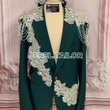 Applique Crystal Men Suits Customized Gem Rhinestone Evening Tuxedo 2 Pieces Set