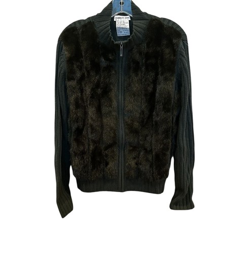Cerruti 1881, Vintage Cerruti 1881 Maglia Mink Fur Front Mixed Media Zip Up Knit Sweater Jacke