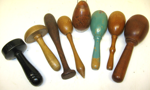7 Antique Wooden Darners/Sock Mending Tools, 1 Handy Darning Egg/Needle Case