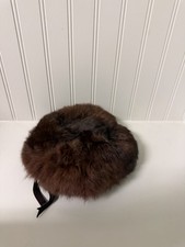 Vtg Jerri-Jo Brown Real Fur Pill Box Hat W Ribbon Rhinestones union lable soft