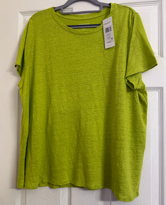 NWT $118 Eileen Fisher Chartreuse Organic Linen Jersey Crew Neck Tee 1X 2X 3X