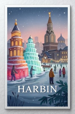 Harbin China Winter Wonderland Reise Poster - Eisfestival Kunstdruck_mehrDetail