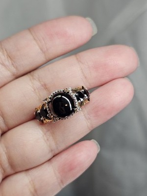 Schwarzer Turmalin Cabochon Ring zweifarbig Akzent Sterlingsilber 925 Größe 10