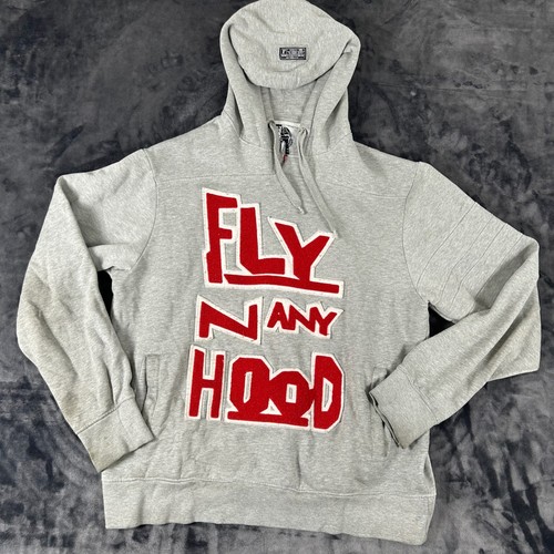 Born Fly Hoodie Mens XL Gray Fly N Any Hood Chenille Patch Streetwear Sweatshirt