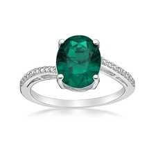 Birthstone Ring for Her 10x8 Oval Created Emerald 0.01 cts Diamond Silver Size 6