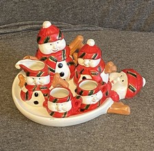 Vintage Snowman Mini Tea Set Ceramic Tray Teapot Cups Christmas