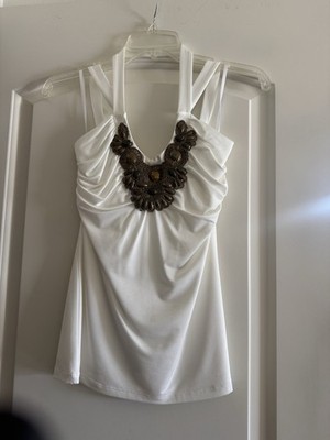 Cache Women s White Beaded Sleeveless Scoop Neck Tank Top Size Small  