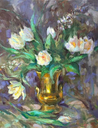 Pintura al óleo de tulipanes blancos: arte impresionista floral bodegón - Imagen 1 de 8