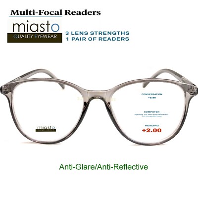 MIASTO MULTI-FOCAL COMPUTER READER READING GLASSES+2.00 NO LINE ANTI-GLARE~GRAY