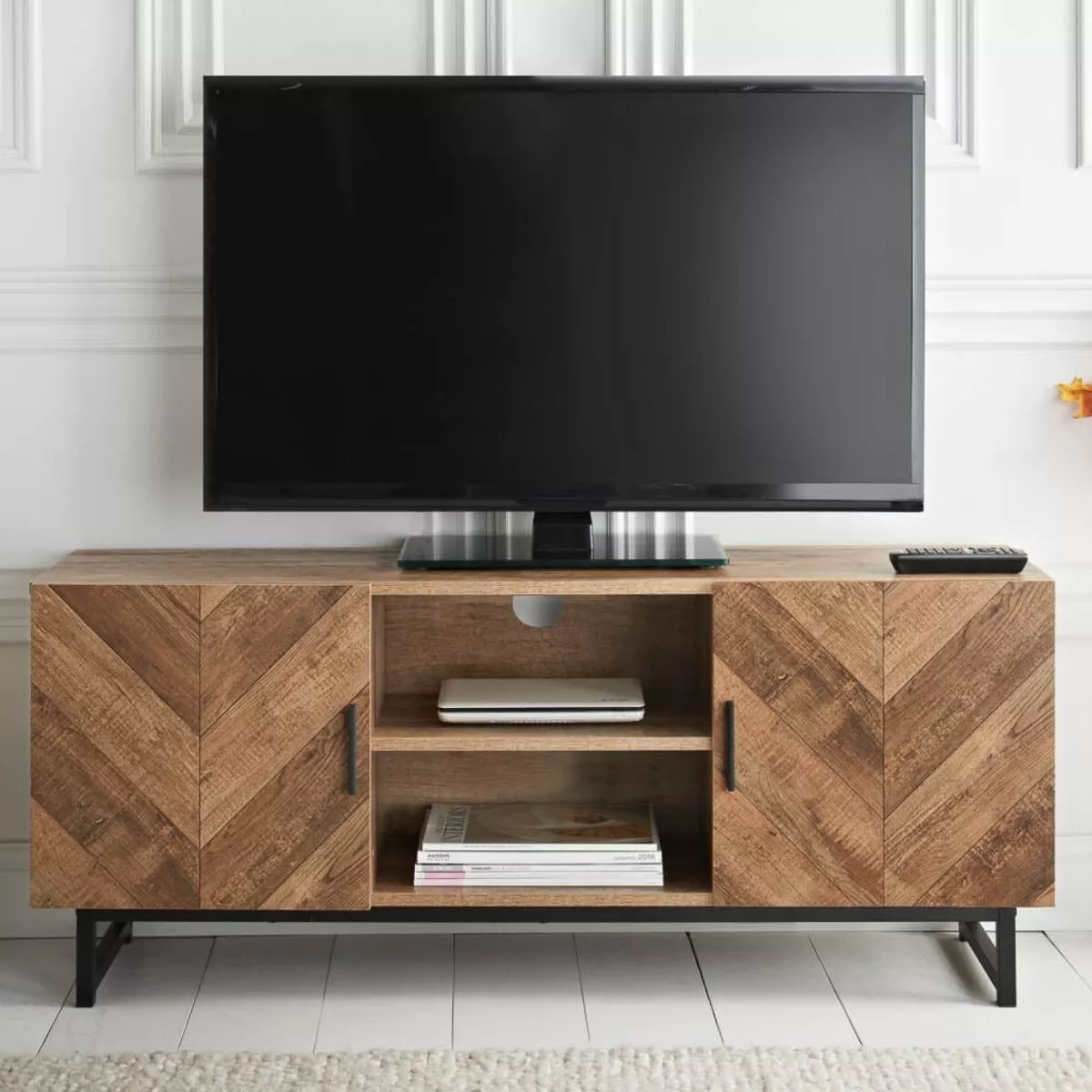 Rustic Oak Herringbone Finish Large 2 Door TV Cabinet Plasma Bench Stand Unit
