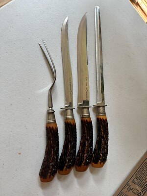 Flint Stainless Carving Knife Fork Cutlery Set Vanadium Stag Horn Bakelite 4 Pcs