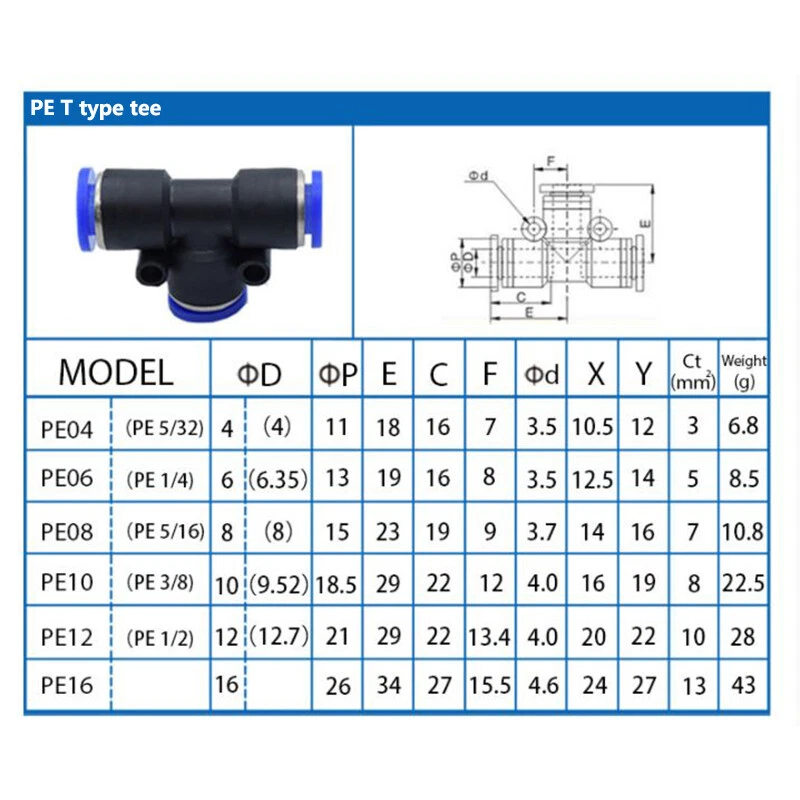 Union Tee Equal Connector Pneumatic Push-In Fitting for Air Sizes 4/6/8/10-16mm - image 3 of 4
