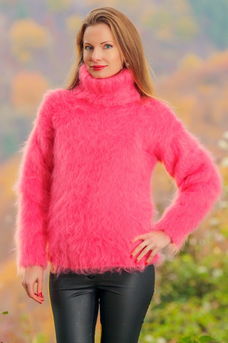 Rose pink mohair sweater fuzzy hand knit top fluffy jumper