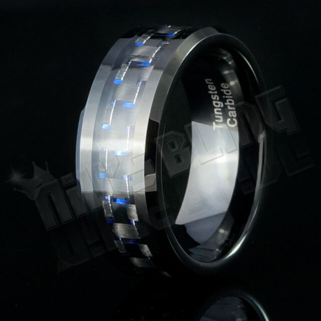 Black and Blue Carbon Fiber Tungsten Carbide Inlay Wedding Band Bridal Ring 8mm
