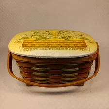Sewing Basket Lidded Daist Pattern Vtg 70s Yellow White Natural