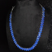 Blue Crystal choker Necklace, Silver color Cable Chain, Adjustable Lobster