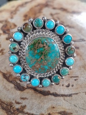 Tonya F Rafael Navajo 32 Gram Sterling Silver 17 Stone Turquoise Ring Adjustable