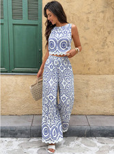 Women's 2 Piece Crop Top Wide Leg Pants Set Embroidered Shell Trim Summer Outfit