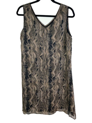 Robbie Bee Sleeveless Silk Shift Dress Python Snake Print Tan Black Neutral 10