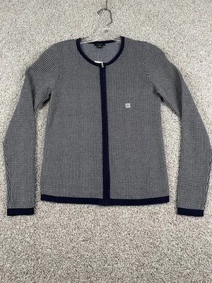 Ann Taylor Factory White Blue Houndstooth Full Zip Cardigan Womens XS NWOT - Image 1 of 4