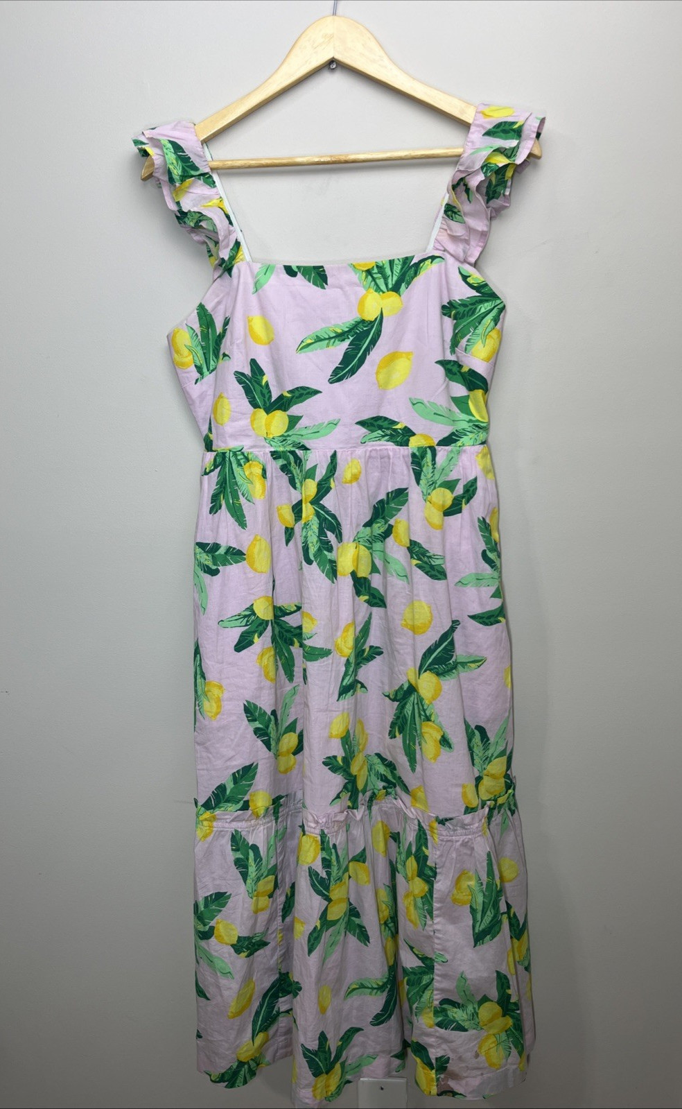 J Crew Square Neck Smocked Midi Dress 6 Pink Lemon Print Ruffle Sleeve Tiered