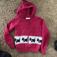 VTG 60s Handknit Double-Layer Scottie Dog Wool Hooded Jacket Kids 4/5T