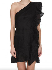  490 Isabel Marant Black Teller Ruffle One Shoulder Linen Sheer Dress sz FR 34/2