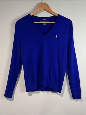 Ralph Lauren Sport Womens Royal Blue 100% Merino Wool V Neck Sweater Pony XL