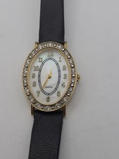 Crystals Watch Women Gold Tone MOP Oval Dial Black Band New Battery Working