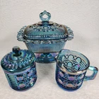 Vintage Blue Carnival Glass 5pc Set Windsor Creamer Sugar Covered Pedestal Bowl