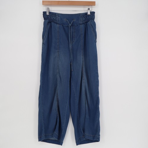 Dictionary Womens Small Blue Lyocell Blend Smocked Waist Wide Leg Cropped Pants