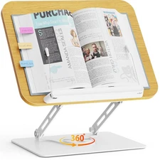 Light Wood Adjustable Book Stand for Reading with 360 Rotating Base Page Clips