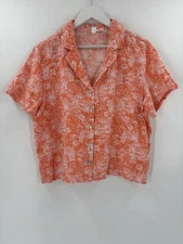 Cynthia Rowley Button Up Shirt Womens Large Orange White 100% Linen Landscape