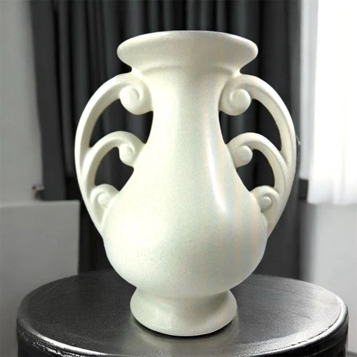 Rare Vtg 1920’s Haegar Pottery Vase Unique scroll Double Handled. White/ Matte