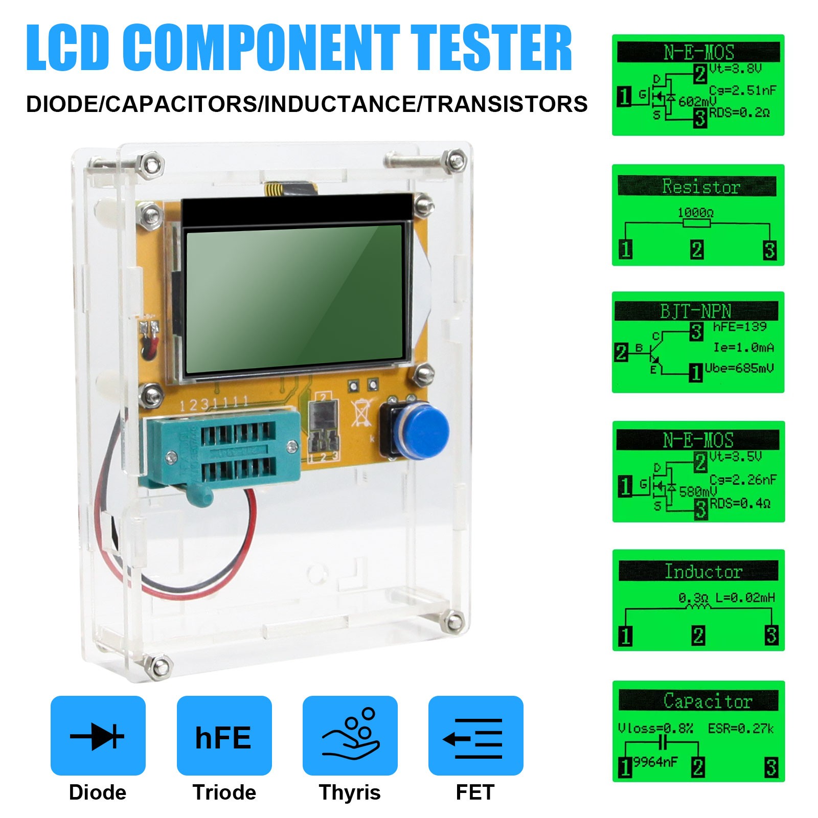 Digital LCD Component Tester Transistor Diode Capacitor Resistor Inductor Meter