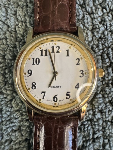 Advance Mens Watch Gold Tone White Dial Brown Leather Band New Battery - Picture 1 of 4