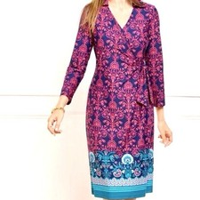 Talbots Plus Womens 3X Faux Wrap Dress Navy Pink Damask Floral Teal Border Hem
