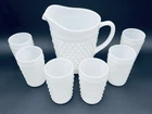 Anchor Hocking Hobnail White Milk Glass Large Pitcher & 6 Tumblers Vintage USA