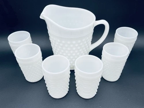 Anchor Hocking Hobnail White Milk Glass Large Pitcher & 6 Tumblers Vintage USA