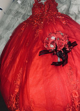 Red V-Neck Corset Lace-Up Tulle Ballgown Gown w/ Lace Sequin Beaded Accents