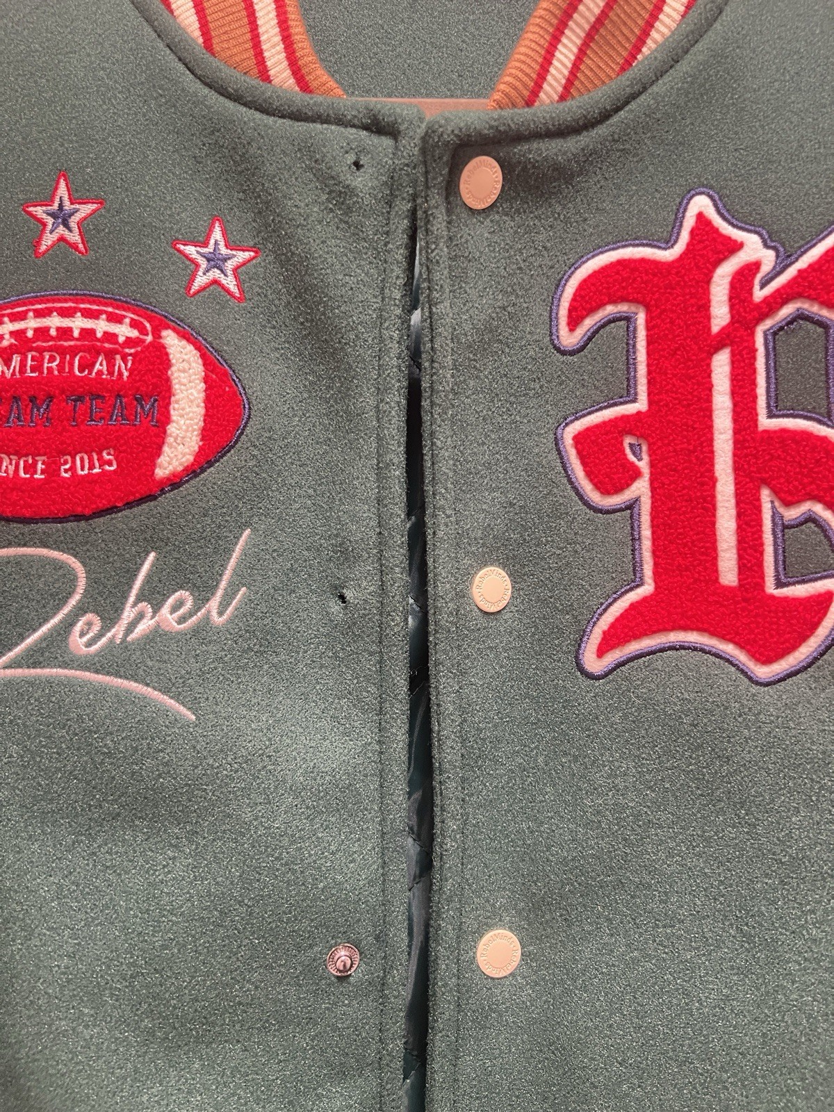 CARBON Green Varsity Jacket Tiger Patch Embroidered Stars Snap Men's Size M image 6