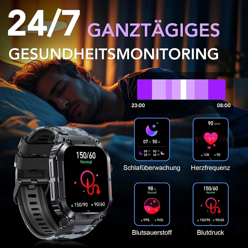 Smartwatch Herren mit Telefonfunktion Bluetooth WiFi Wasserdicht Schlaftracker - Bild 4 von 4