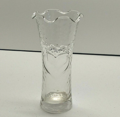 Vintage Anchor Hocking Wavy Clear Glass Vase Raised Heart Ruffled Edge 7'' Tall